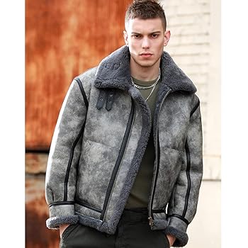 Denny&Dora Mens Grey Shearling Jacket Mens Pilot Jacket B3